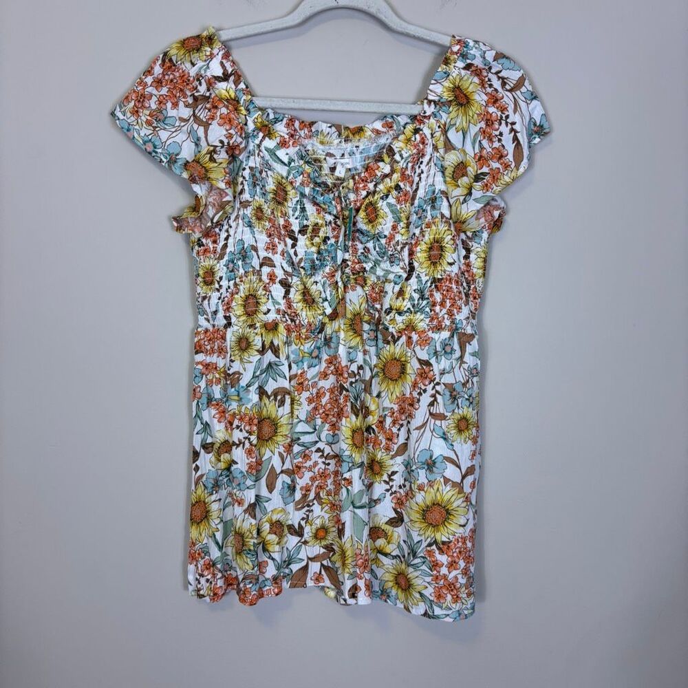 New Maurice's Yellow Sunflower w/ Blue & Orange Floral Print Top Large